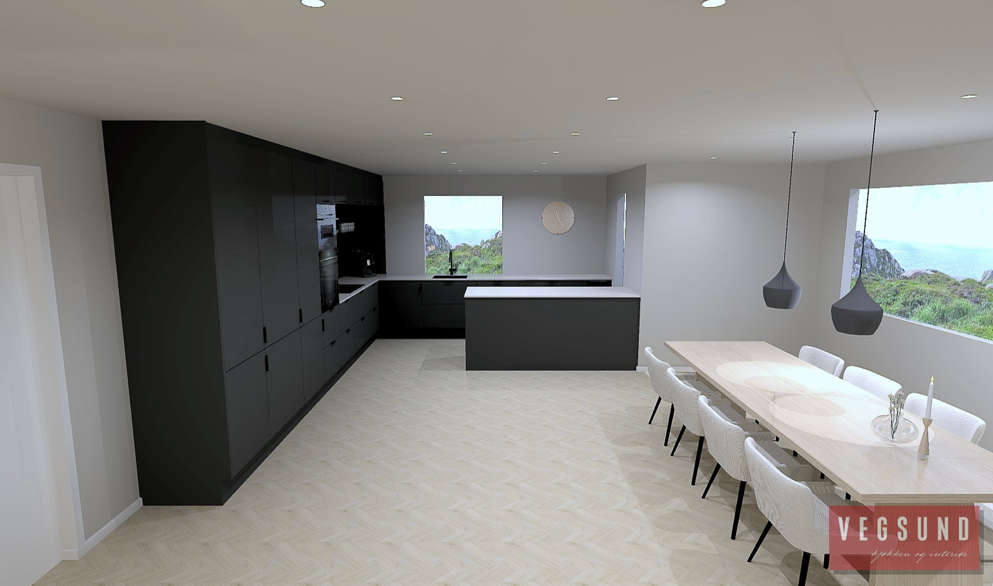 3D-tegning av åpent kjøkken med kjøkkenøy og spiseplass