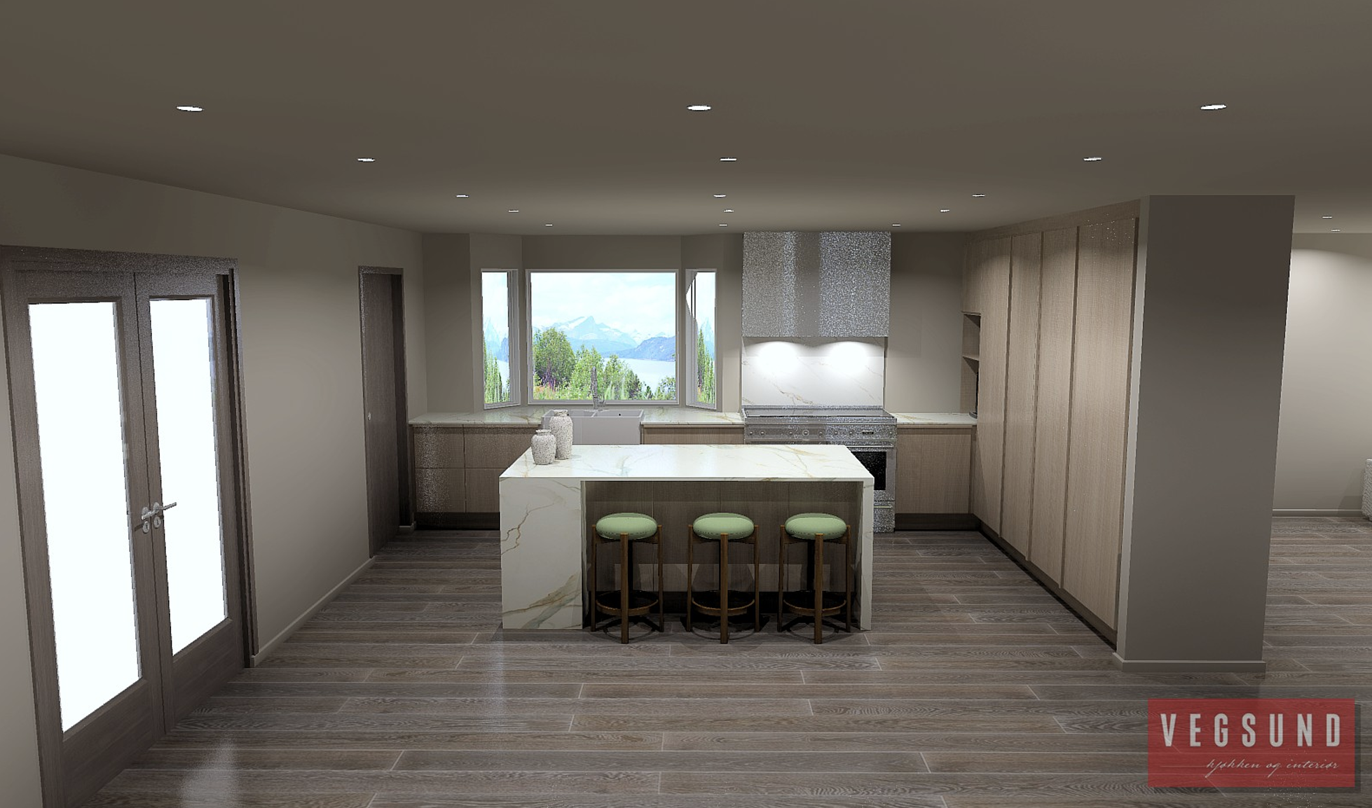 3D-tegning av kjøkken med øy og barkrakker