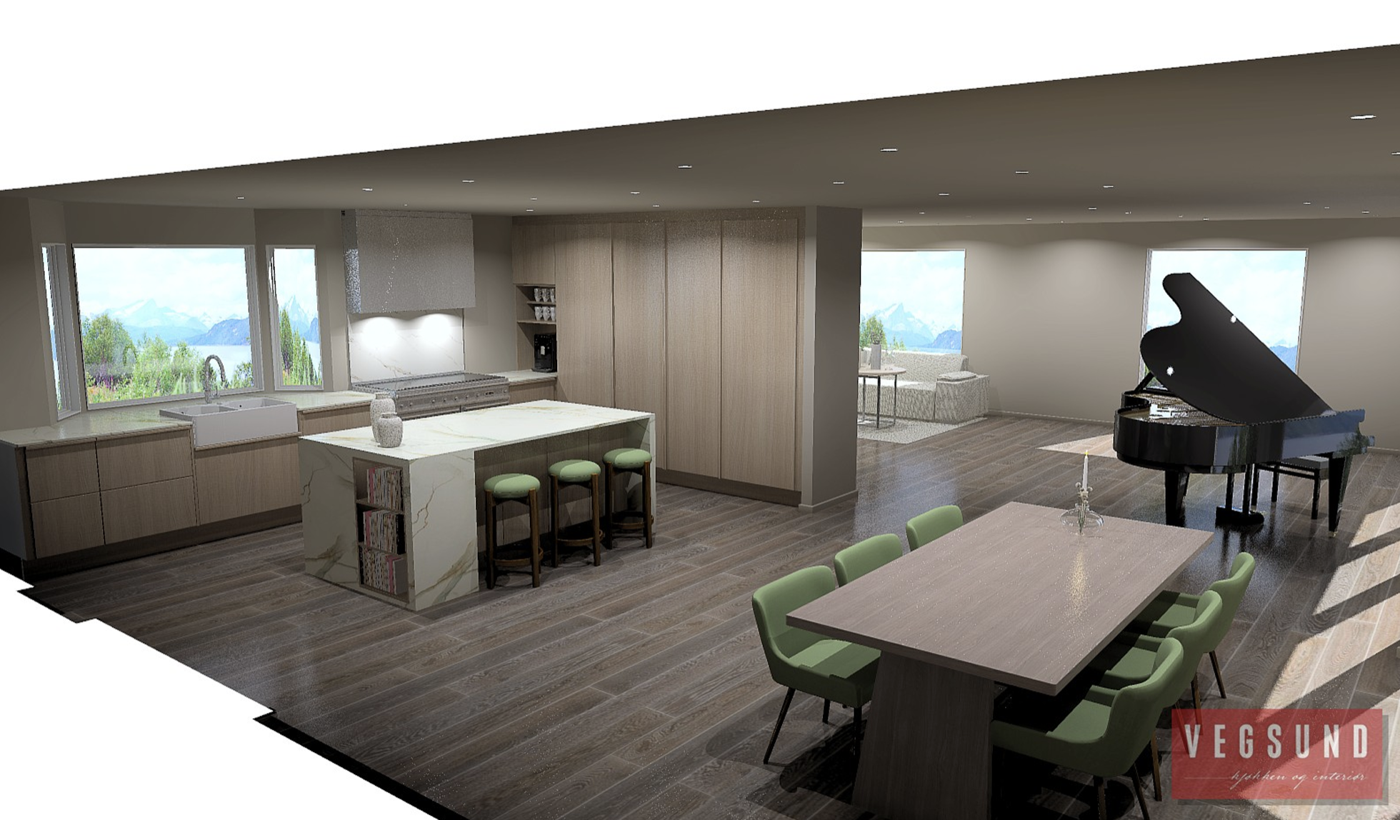 3D-tegning av moderne mørkt kjøkken med spiseplass